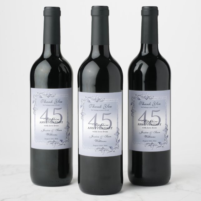 Sapphire Gem & Glitter 45th Wedding Anniversary  Wine Label (Bottles)