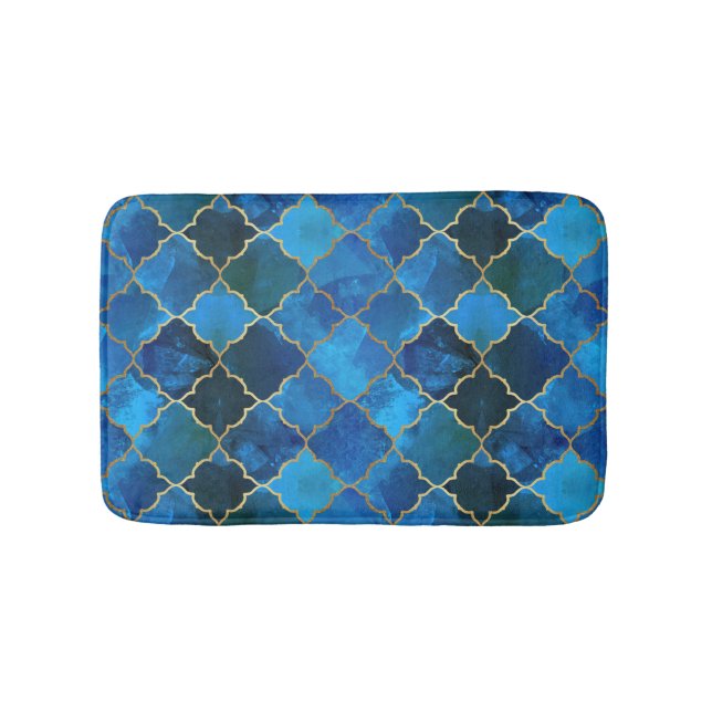 Sapphire Gemstone & Gold Moroccan Tile Pattern Bath Mat (Front)