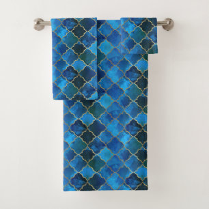 Sapphire Gemstone & Gold Moroccan Tile Pattern Bath Towel Set