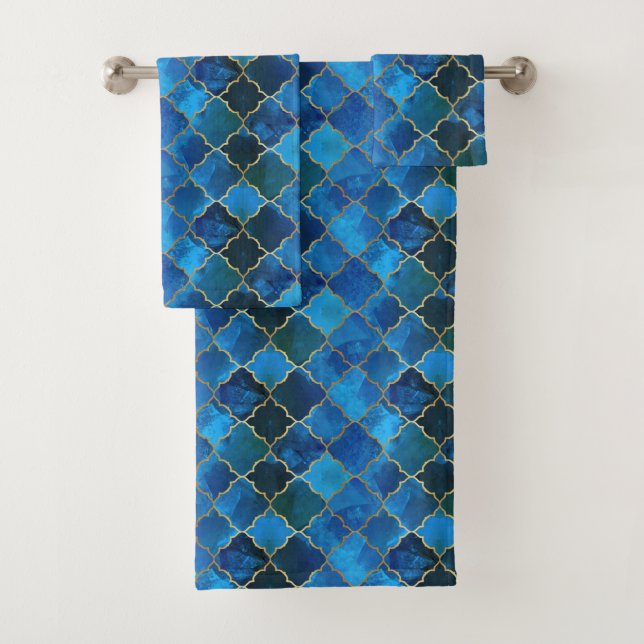 Sapphire Gemstone & Gold Moroccan Tile Pattern Bath Towel Set (Insitu)