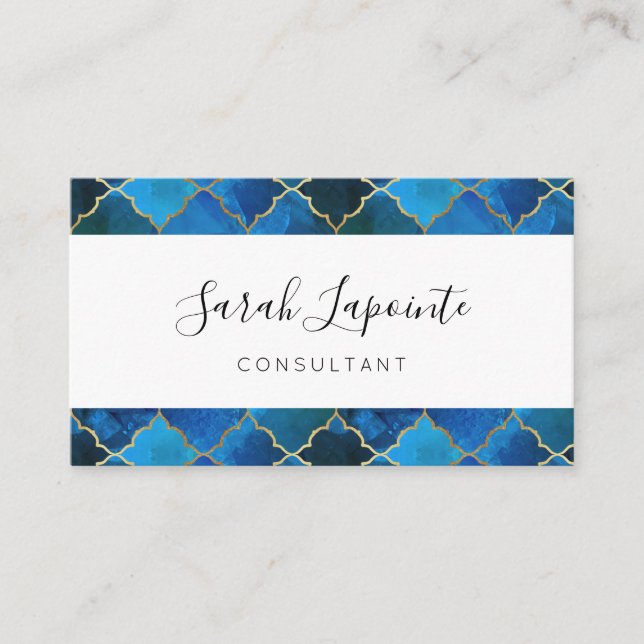Sapphire Gemstone & Gold Moroccan Tile Pattern Business Card (Front)