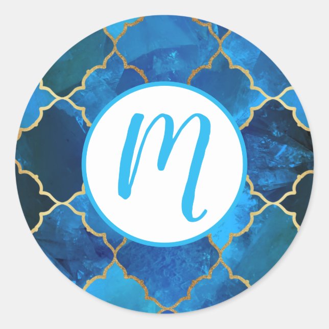 Sapphire Gemstone & Gold Moroccan Tile Pattern Classic Round Sticker (Front)