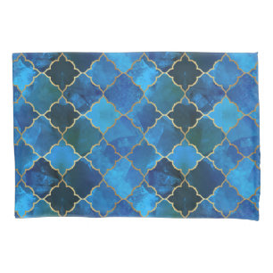 Sapphire Gemstone & Gold Moroccan Tile Pattern Pillowcase