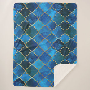 Sapphire Gemstone & Gold Moroccan Tile Pattern Sherpa Blanket