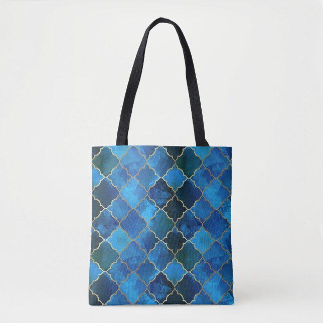 Sapphire Gemstone & Gold Moroccan Tile Pattern Tote Bag (Front)