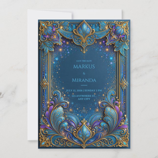 Sapphire Gold Celestial Wedding Invitation (Front)