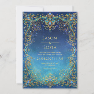 Sapphire Jewel Gilded Filigree Frame Wedding Invitation