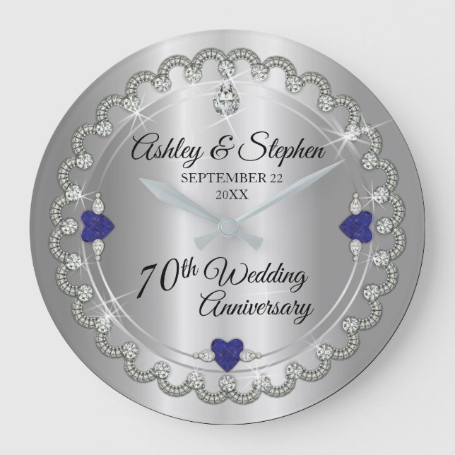 Sapphire Jubilee Diamonds 70th Wedding Anniversary Large Clock (Front)