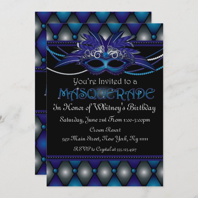 Sapphire Masquerade Party Invitations (Front/Back)