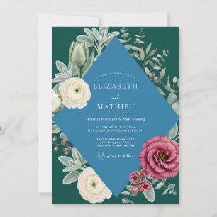 Sapphire Peony Foliage Wedding Invitation