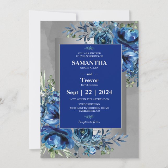 Sapphire Petals: A Silver Celebration of Love Invitation (Front)