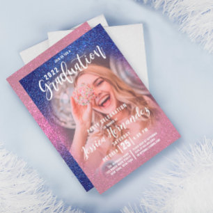 Sapphire Pink Triple Glitter Photo Graduation Invitation
