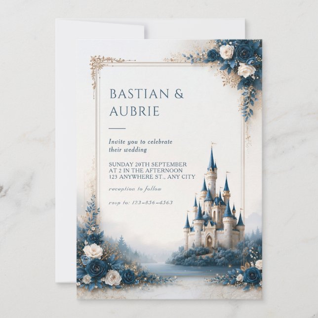Sapphire Rose Lakeside Castle Romance Wedding Invitation (Front)