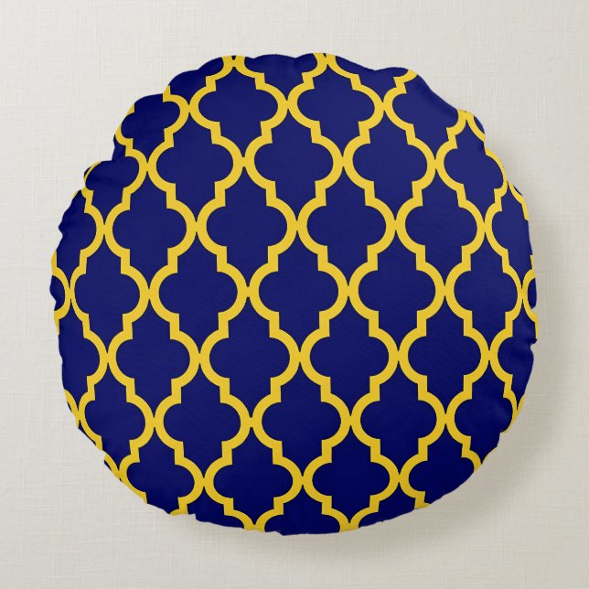 Sapphire Sun: Blue & Yellow Boho Moroccan Elegance Round Cushion (Front)