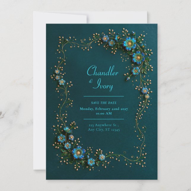 Sapphire Teal Floral Wedding Invitation (Front)