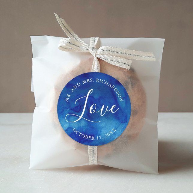Sapphire Tide Love Monogram Wedding Favour Classic Round Sticker (Creator Uploaded)