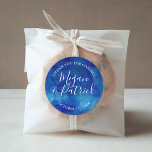 Sapphire Tide Thank You Wedding Favour Classic Round Sticker<br><div class="desc">Custom circle wedding favour labels with an abstract blue watercolor background to coordinate with our Sapphire Tide collection. Personalise it with your names and wedding date or add your own custom text. Use the design tools to change the fonts and colours or upload your own photos to create a unique...</div>