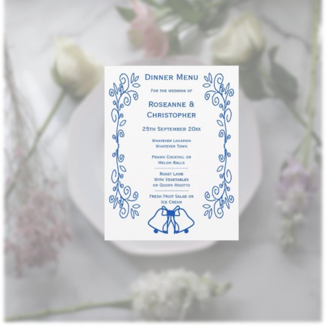 Sapphire Wedding Menu Card Bells Scrollwork  (Sapphire wedding menu card bells and scrollwork design)