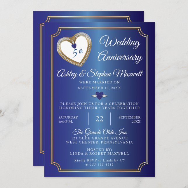 Sapphires Diamonds 5th Wedding Anniversary Party Invitation (Front/Back)