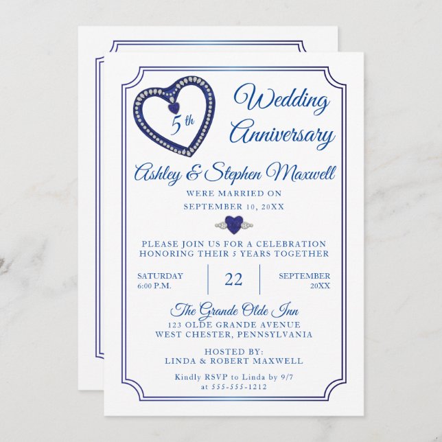 Sapphires Diamonds 5th Wedding Anniversary Party Invitation (Front/Back)