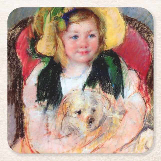 Sara with Her Dog, Cassatt Square Paper Coaster (Front)