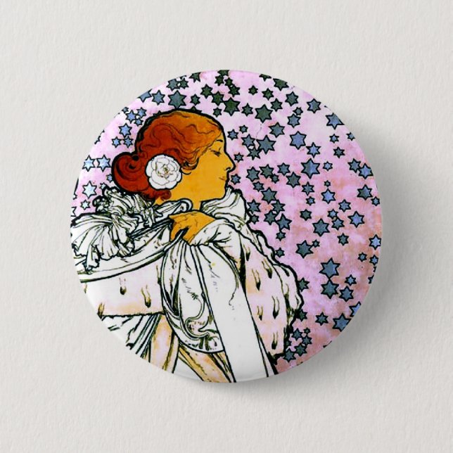 Sarah Bernhardt, La Dame aux Camélias, Mucha Fine 6 Cm Round Badge (Front)