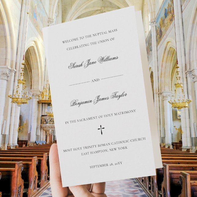 Sarah Full Mass Folded Catholic Wedding Program Programme (This elegant Catholic wedding program features a classic script font & text for a full nuptial Mass.)