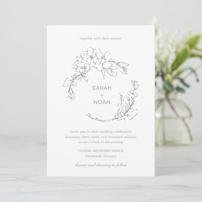 Sarah Grey Floral Wreath Modern Wedding Invitation (Standing Front)