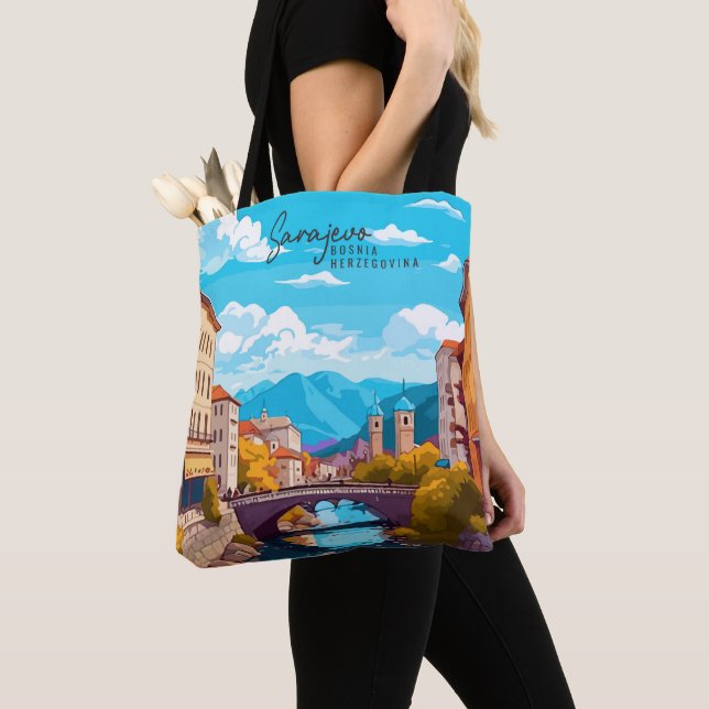 Sarajevo Bosnia Vintage Art Travel Illustration Tote Bag (Close Up)