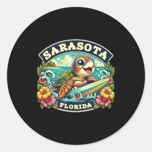 Sarasota Florida Cute Sea Turtle Surfing Classic Round Sticker