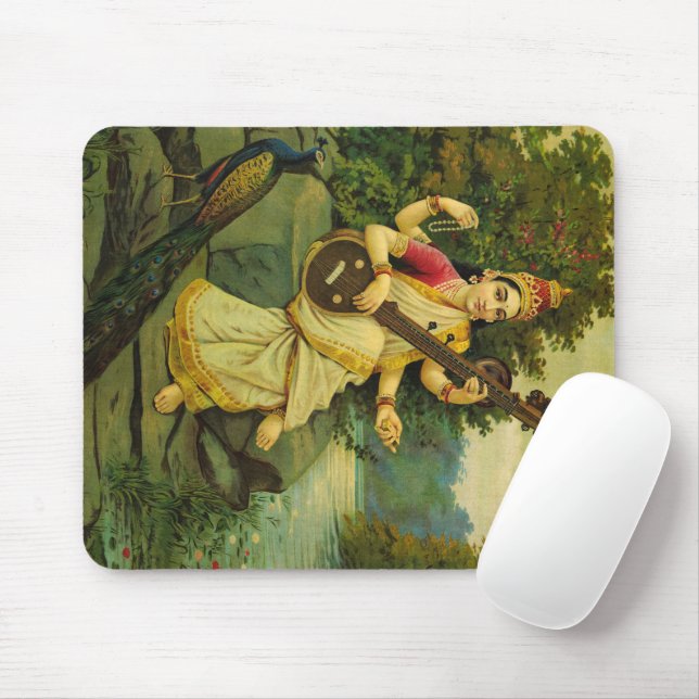 Saraswati, Goddess of Music by Raja Ravi Varma Mouse Pad (With Mouse)