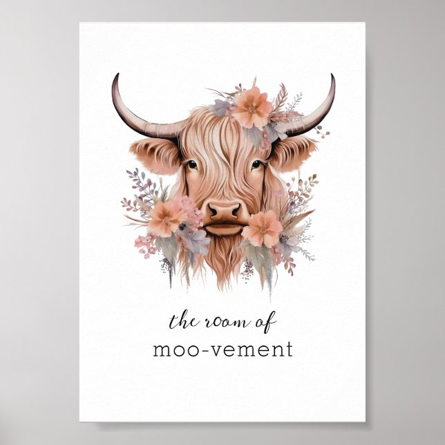 Sarcastic Floral Highland Cow Bathroom Wall Art (Front)