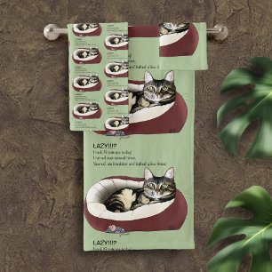 Sarcastic Lazy Tabby Cat Humour Sage Green Bath Towel Set