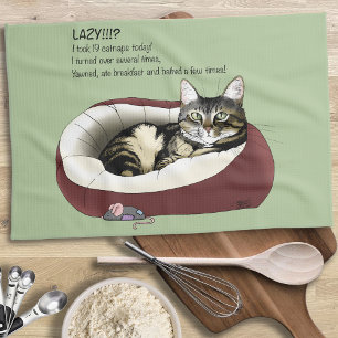 Sarcastic Lazy Tabby Cat Humour Sage Green Tea Towel