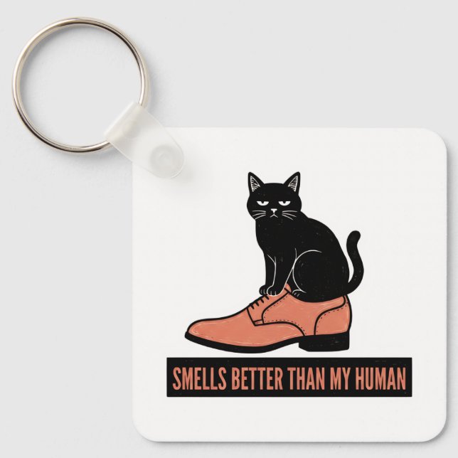 Sarcastic Linocut Cat in Shoe Meme Key Ring (Front)