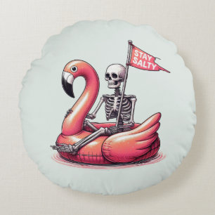 Sarcastic Skeleton on Flamingo - Stay Salty Round Cushion