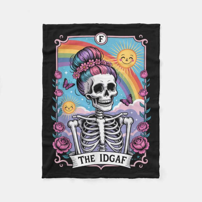 Sarcastic Skeleton The Idgaf Funny Tarot Card Goth Fleece Blanket (Front)