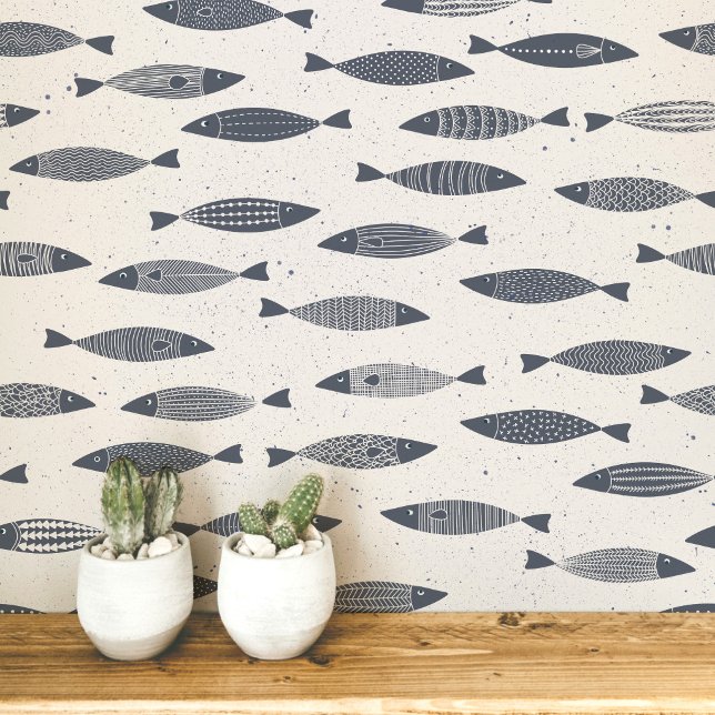 Sardine Fish Indigo Blue Cream Wallpaper (Fun coastal sardines fish wallpaper in indigo blue and cream)