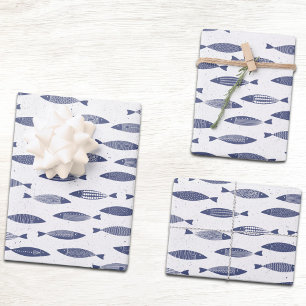 Sardine Fish Navy Blue White Coastal Wrapping Paper Sheet