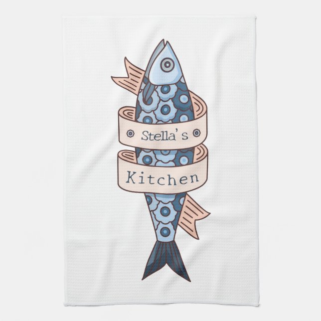 Sardine Line Drawing Personalised Tea Towel (Vertical)