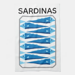 Sardines blue and white fish apron tea towel