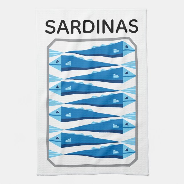 Sardines blue and white fish apron tea towel (Vertical)