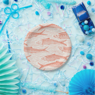 Sardines in Motion in coral and off white Paper Plate