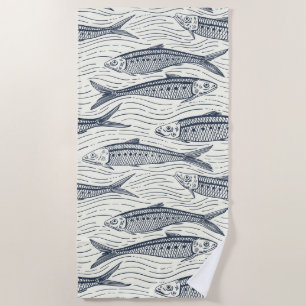 Sardines in Motion in navy and ivory Beach Towel