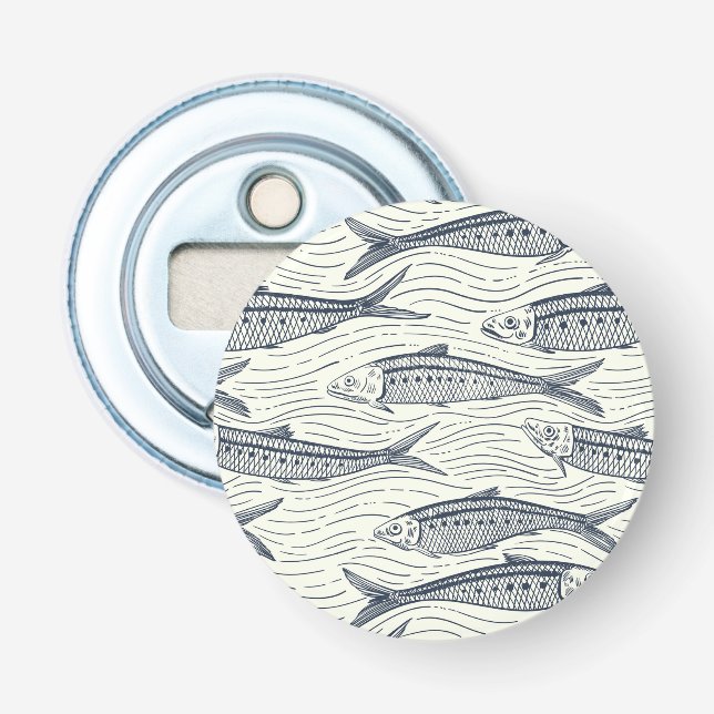 Sardines in Motion in navy and ivory Bottle Opener (Front)