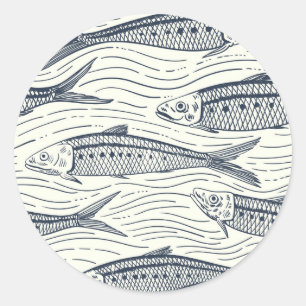 Sardines in Motion in navy and ivory Classic Round Sticker
