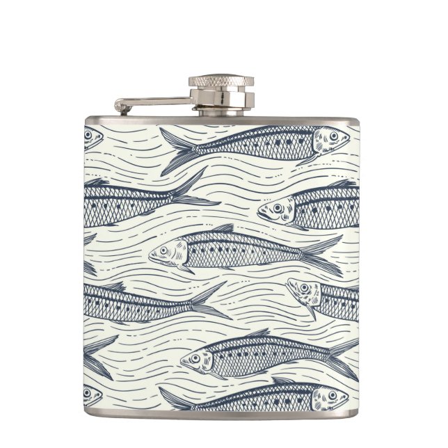 Sardines in Motion in navy and ivory Hip Flask (Front)
