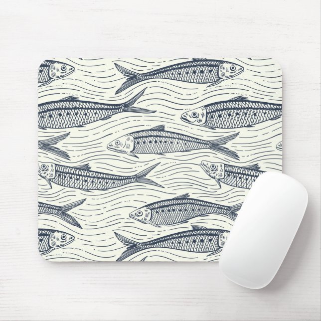 Sardines in Motion in navy and ivory Mouse Pad (With Mouse)