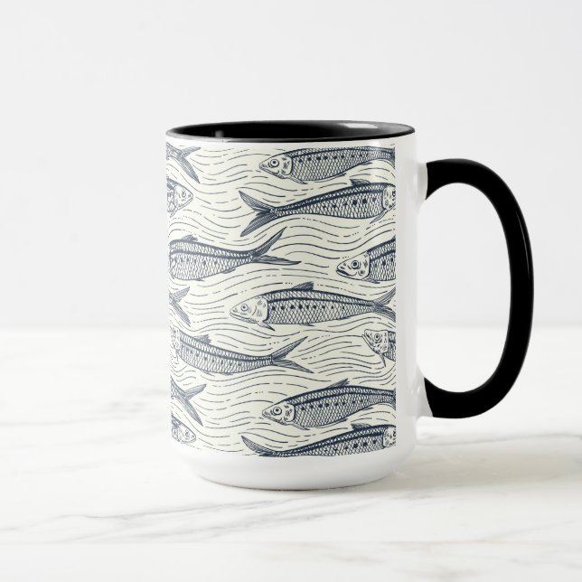 Sardines in Motion in navy and ivory Mug (Right)