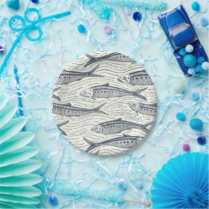 Sardines in Motion in navy and ivory Paper Plate